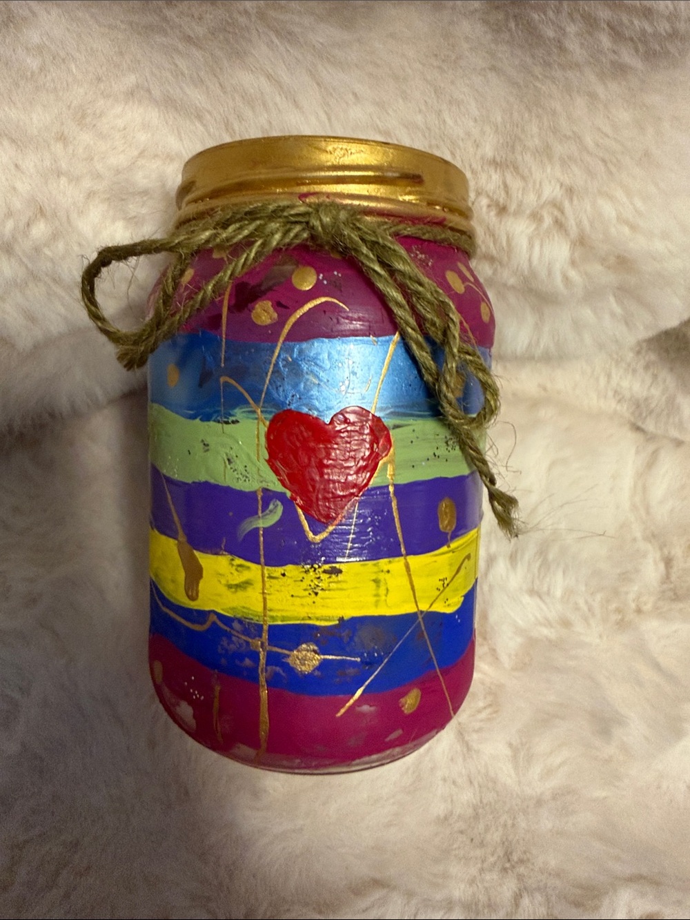 Hand-Painted Striped Glass Jar with Red Heart Accent